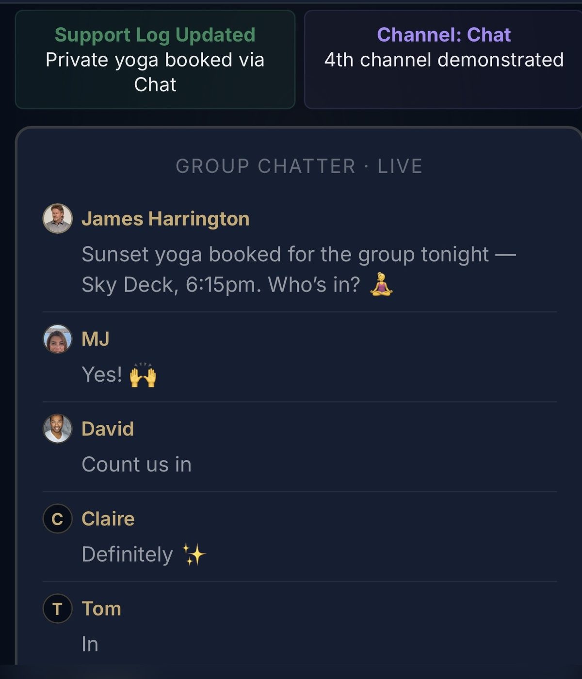James posts to the group chat. Whole group joins in