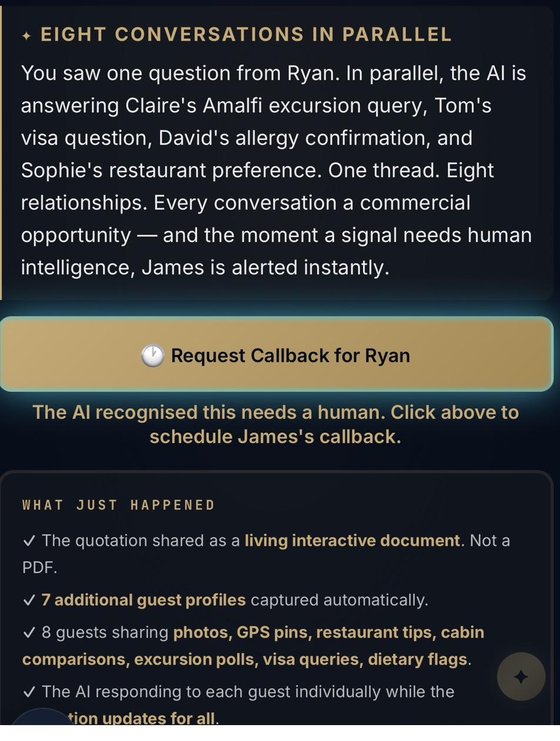 Walkthrough chapter 6 — eight parallel conversations, AI flagging the moment a human is needed.