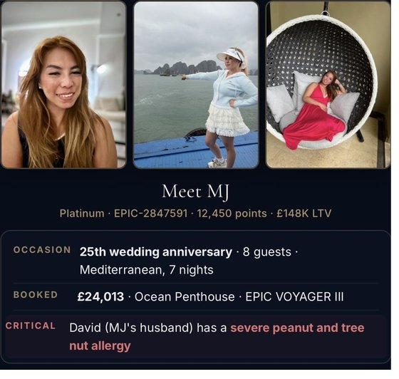 Walkthrough opener — Meet MJ, the lead guest. 25th wedding anniversary, 8 travellers, allergy protocol from first contact.