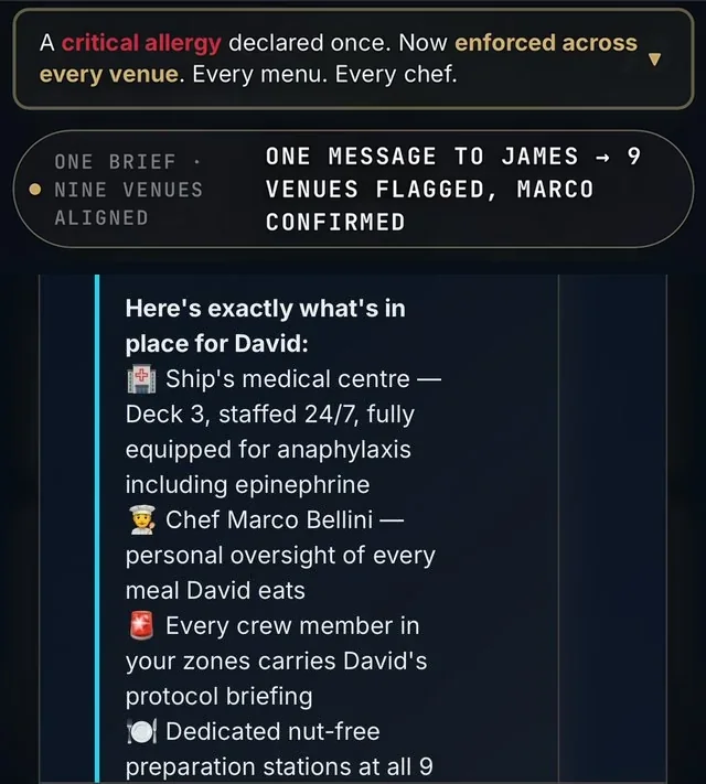 David's allergy declared once by MJ: one message to James flags nine venues and Marco confirms personally