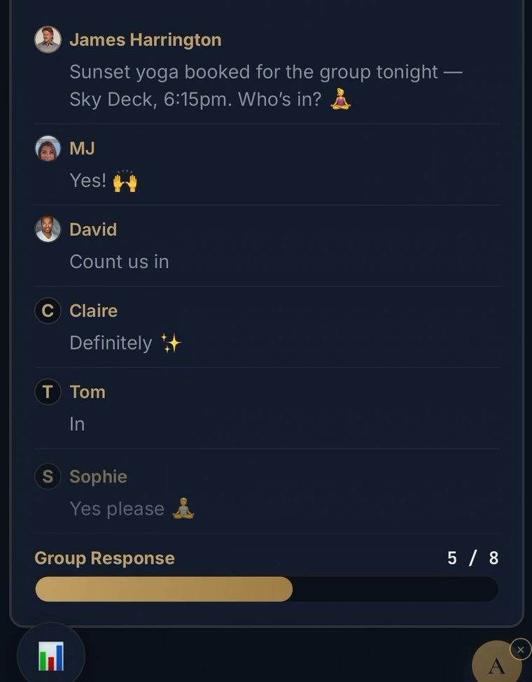 James confirms the private session on the Sky Deck and five of the eight guests reply yes inside the group