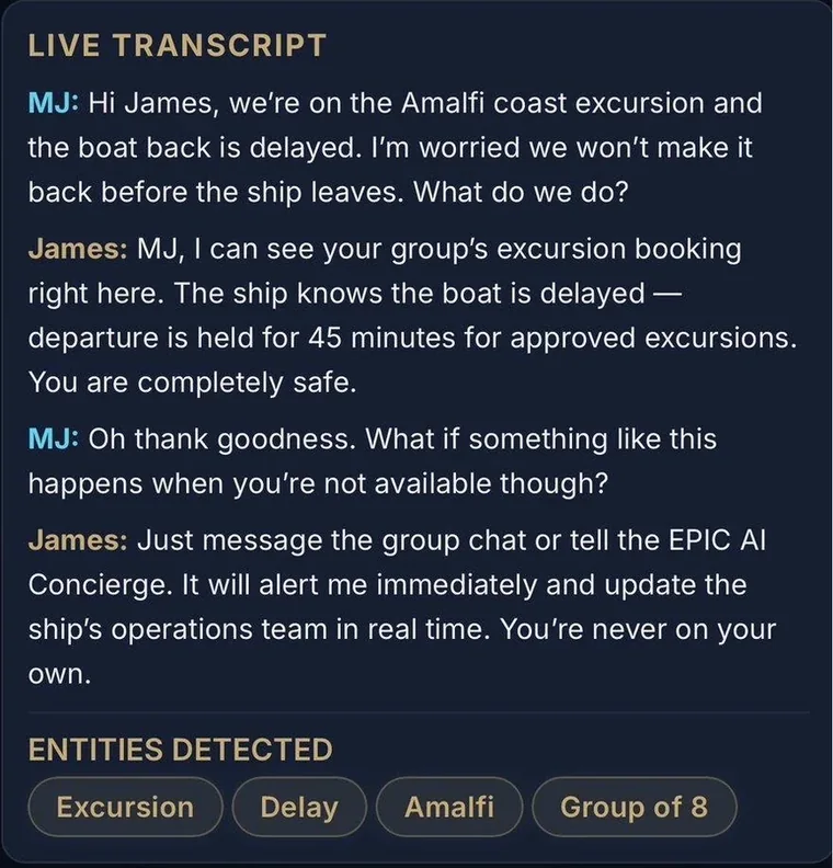 Live transcript of the Amalfi delay call with the entities detected: excursion, delay, Amalfi, group of eight