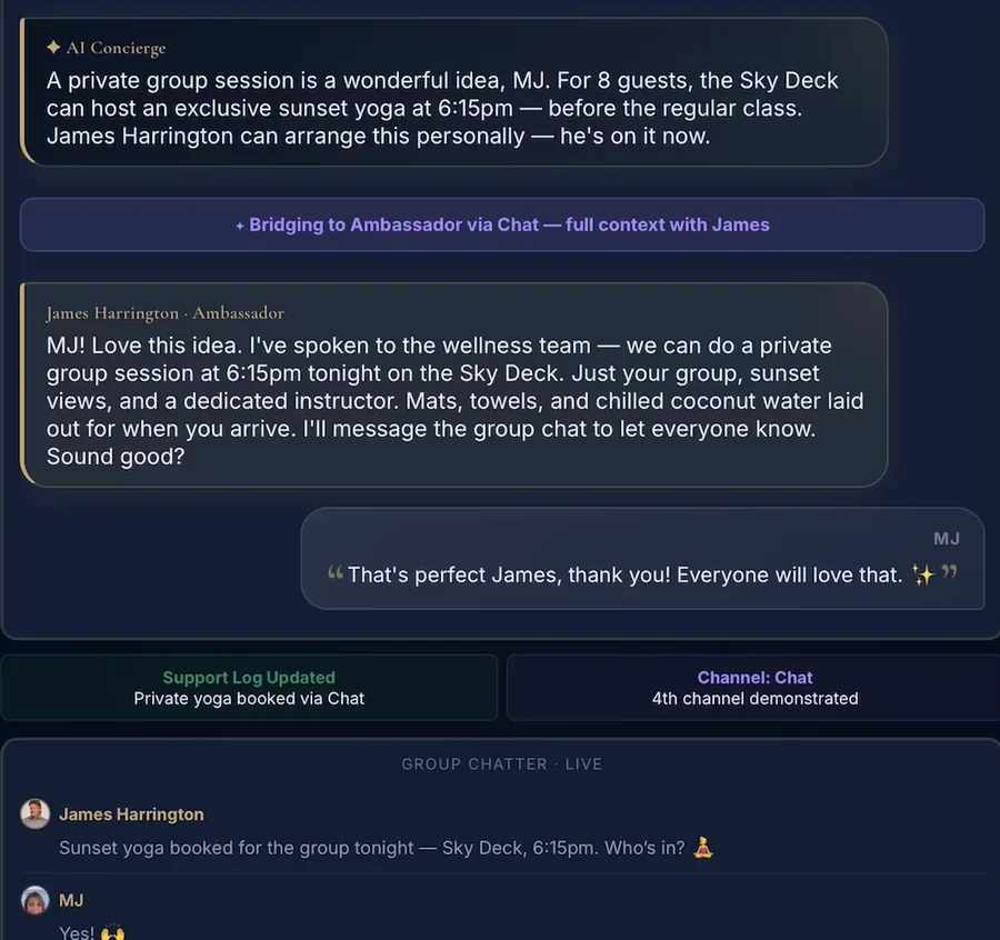 The AI concierge surfaces the remark with its context and bridges it to James, who replies with a private Sky Deck session