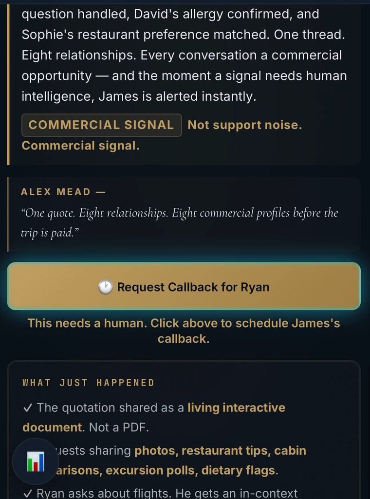 A callback for Ryan is requested with the whole group context attached, and Sarah stays advisor of record