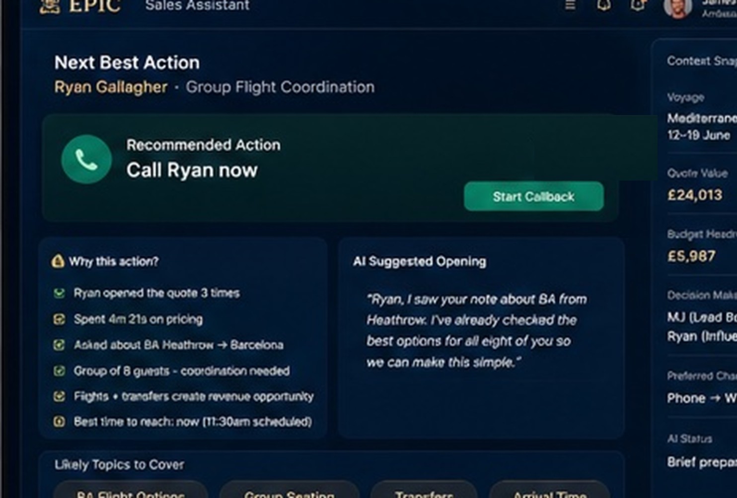 Before the call: the next best action for James, why this action now, the AI suggested opening and the context snapshot for the group of eight