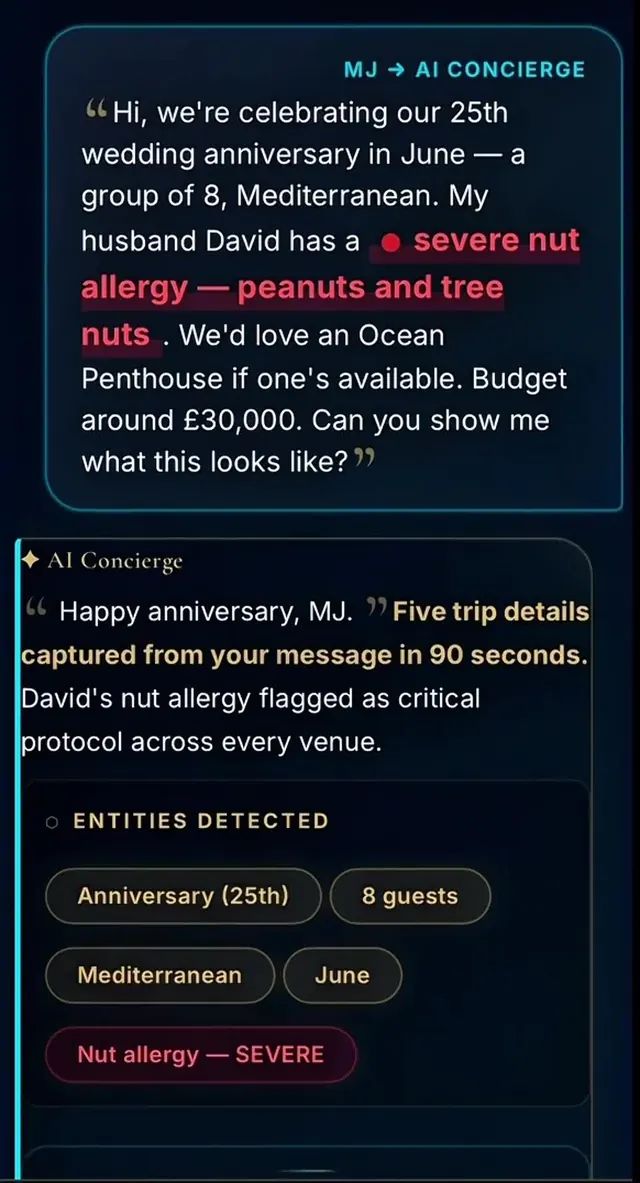 MJ's first message to the concierge, with the trip details surfacing as she writes