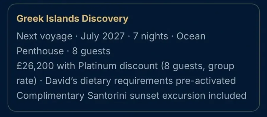 The Greek Islands living quote: July 2027, 7 nights, 8 guests, £26,200, David's protocol pre-activated