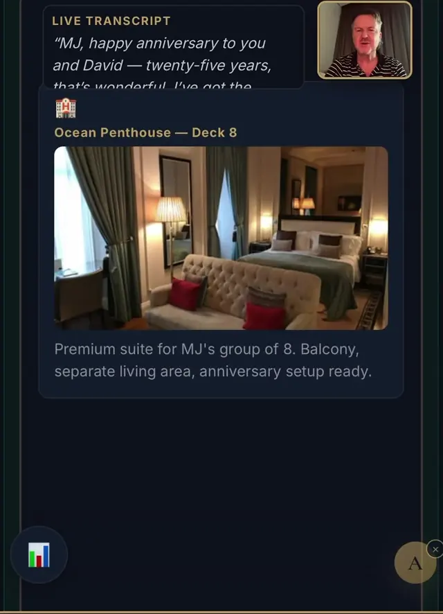 James Harrington replying to MJ by video inside the portal, with the Ocean Penthouse and the Chef's Table shown beside his words