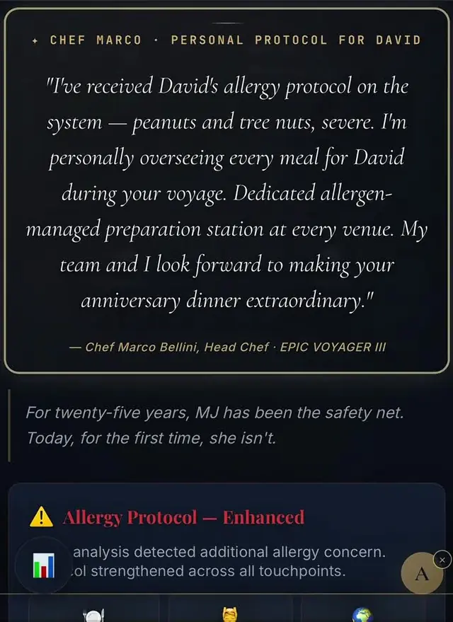 Chef Marco Bellini's personal protocol message for David: overseeing every meal, allergen-managed preparation at every venue