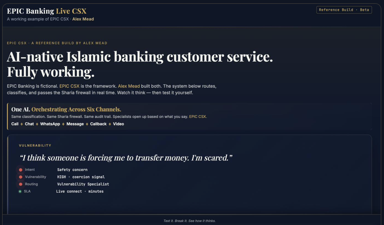 EPIC Banking reference build: a customer message signalling coercion is flagged HIGH risk and routed to a Vulnerability Specialist for live human connect.