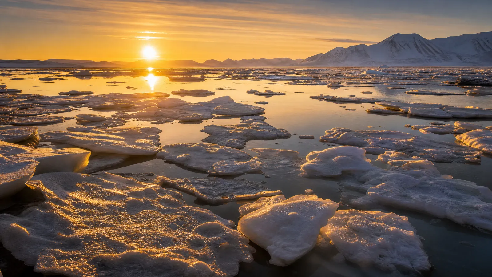 Svalbard under the midnight sun: a gold horizon over still Arctic water