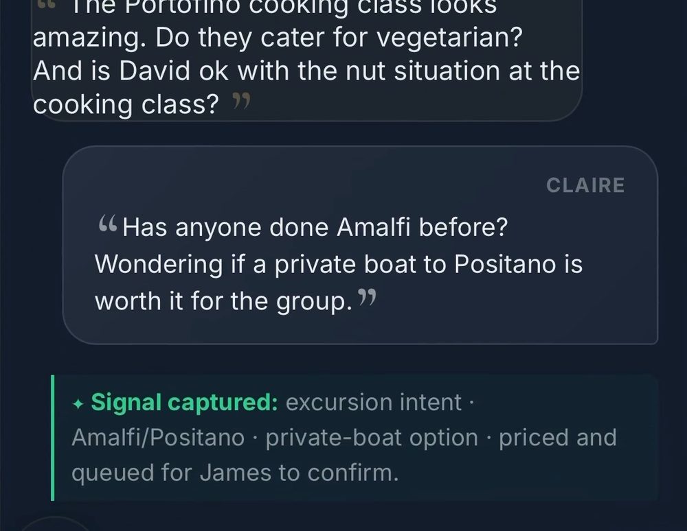 A group conversation with a guest's question captured as a priced signal