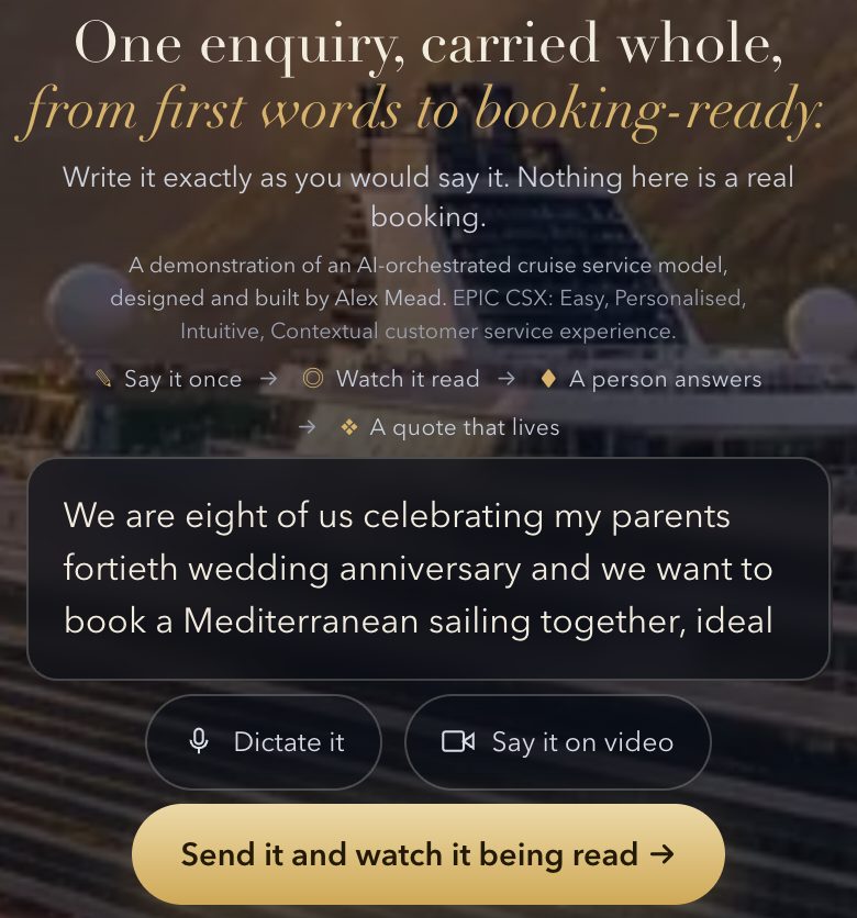 A screen of the working build with an enquiry being typed in the guest's own words