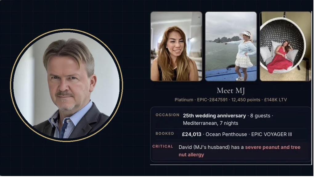 Alex Mead alongside guest MJ's 25th-anniversary cruise booking and David's severe nut allergy protocol. The EPIC CSX method applied to a guest outcome.