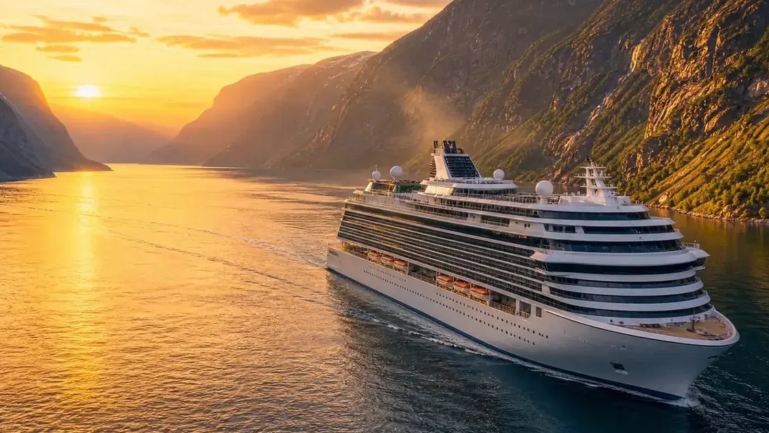 A ship sailing a fjord at sunset